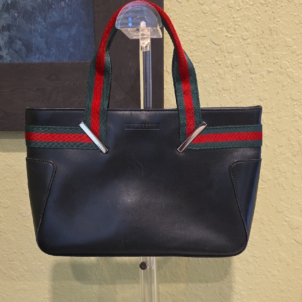 Gucci Leather Tote With Green & Red Straps 🖤 Web Sherry Line